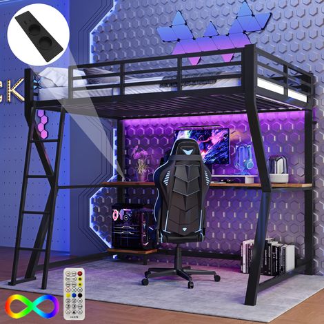 Cama alta 90x200 cm, cama infantil con escritorio de ordenador, LED + enchufe + USB, sin colchón, cama de hierro, color negro