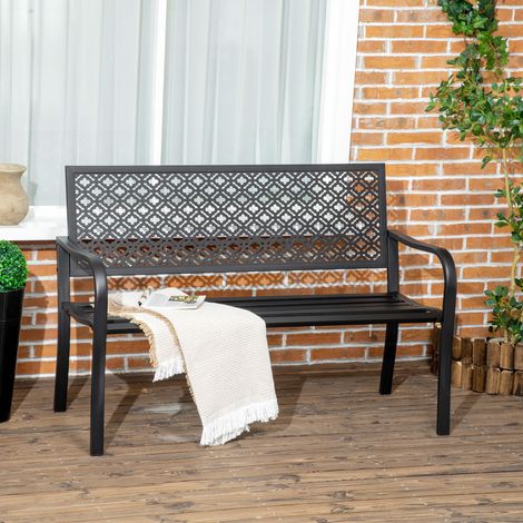 Banc de Jardin 2 Places en Acier avec Dossier Motif Floral et Accoudoirs
