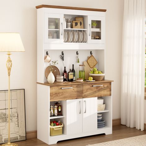 Buffet de cuisine avec rangements, 2 tiroirs, portes vitrées et crochets, 106 x 39 x 176,5 cm (1/5)