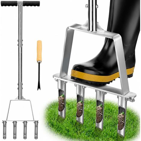 Aérateur de Gazon Manuel en Acier Inoxydable, Aérateur de Pelouse à 4 Dents Creuses avec Manche Long, Outil de Jardin pour Dégazonner et Aérer la Terre Compacte, Sol Argileux et Sableux (1/5)