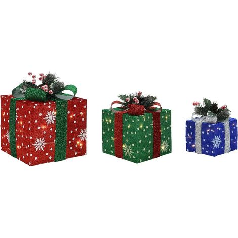 3er-Set LED-Geschenkboxen – Weihnachtsdeko in Rot, Grün & Blau mit Schneeflocken-Muster (1/5)