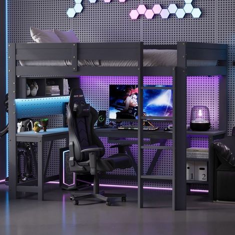 Lit mezzanine - SOGEU - Mezzanine Gaming 90x200 - Bureau intégré - Station de charge USB & prises - LED 7 couleurs (1/5)