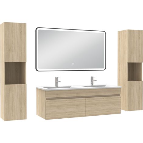 Acezanble Meuble double vasque 120cm avec colonne + miroir 3 couleurs + dimmable chêne wotan