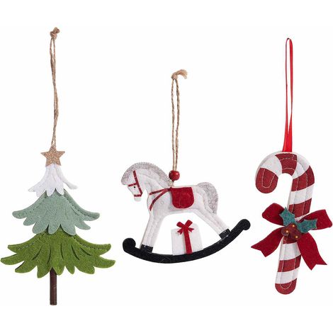 Addobbi per albero di Natale in panno a forma di bastoncino di zucchero, cavalluccio a dondolo e albero, set da 18 pezzi, Pino: cm 11 x 16,5 H