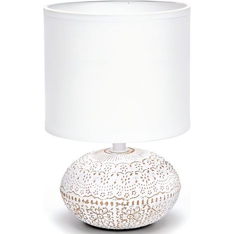 Lampe décorative en céramique blanche vieillie à motif dentelle, culot E14, style cosy.