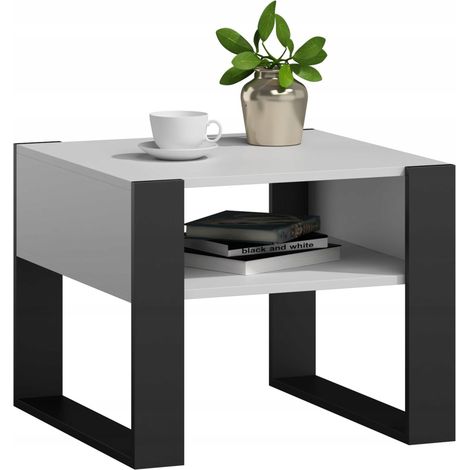 Table Basse KAJA Blanc / Noir - Table de Salon Carrée avec étagère - 60 x 63.6 x 50 cm (1/3)