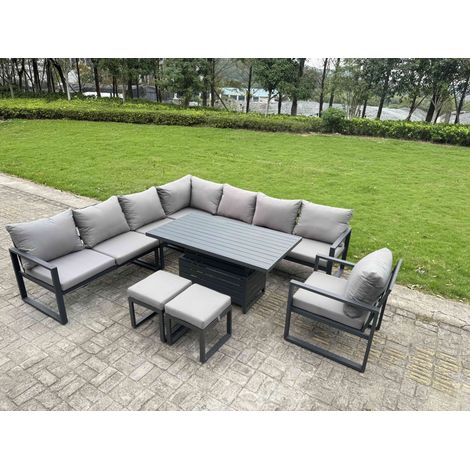 Fimous 9 Piece L-shaped Garden Furniture Set 10-Seater Aluminium Outdoor Dining Set with Adjustable Rising Lifting Dining Table Chair 2 Small Footstools Dark Grey (1/5)