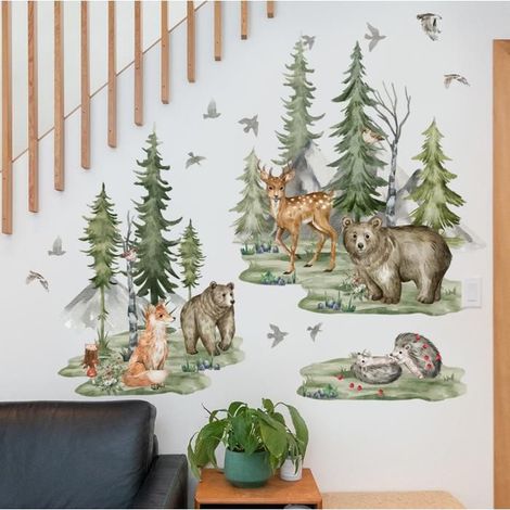 Stickers Muraux Grand Arbre Pin Animaux Foret Autocollant Mural Enfant Animaux des Bois Ourson Cerf Renard Décoration Murale (1/5)