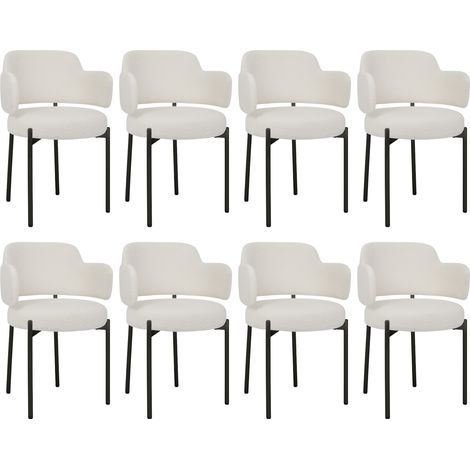 Puluomis – Chaise de salle à manger en velours – Lot de 8 chaises rembourrées en tissu Teddy – Pieds en métal noir – Style rétro moderne – Blanc (1/5)
