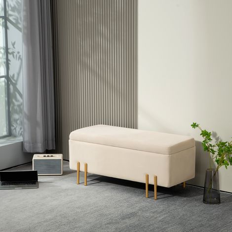 Panca imbottita con vano contenitore, panca a cassapanca, schiuma, metallo, legno di caucciù, 100 x 40 x 42 cm, beige