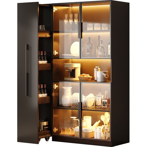 Vitrine 110x30x160 cm avec éclairage led étagères coulissantes tiroirs, meuble vertical multifonction pour salon cuisine bureau, structure verre noir (1/5)