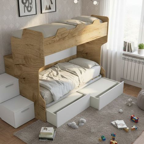 Letto a castello salvaspazio con scala a cassettoni e camminatoio - Quercia e Bianco