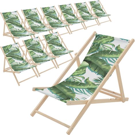 ECD Germany 10x Sedia a Sdraio Pieghevole in Legno con Tessuto Traspirante Verde-Bianco Tropicale, Schienale Reclinabile in 3 Posizioni, Lettino Relax Portata 120 kg per Spiaggia, Giardino e Terrazzo