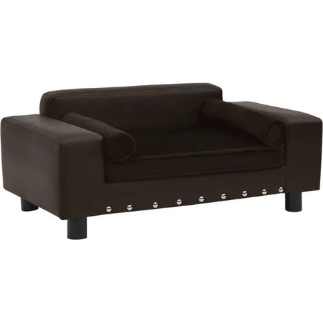 Canapé marron en forme de chien, mesurant 81x43x31 cm, en peluche et simili cuir.