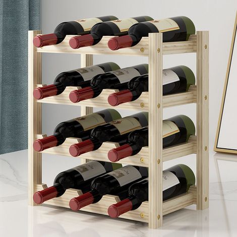 Horizontales Weinregal, 4 Ebenen für 12 Flaschen, Weinregal aus Holz, Maße 33,5 x 22,3 x 39,5 cm, Flaschenhalter aus Kiefernholz (Farbe: geröstetes Holz) (1/4)