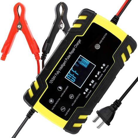 Ulisem Smart-Autobatterieladegerät, 110–240 V (Eingang), 12 V/8 A, 24 V/4 A (Ausgang), mit digitaler LCD-Anzeige, für LKW, Motorrad, AGM-Ladegerät oder Reparatur. (1/4)