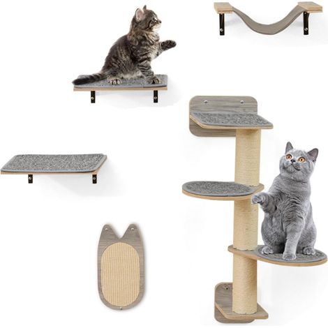 COSTWAY Mensole da Parete per Gatti da Arrampicata, Set Mobili a Muro con 4 Livelli, Amaca, Pannello Graffiato e Tappetini, 2 Piattaforme di Lancio, Albero Tiragraffi Salvaspazio (Modello 4) (1/5)
