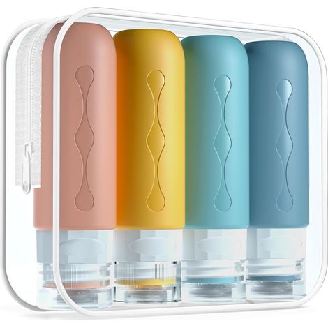 (89ml) Flacons de Voyage, 4Pcs Étanches Bouteille de Voyage Silicone, Accessoires de Voyage Aéroport Contenant pour Huile Solaire, Shampooing, Lotion (1/5)