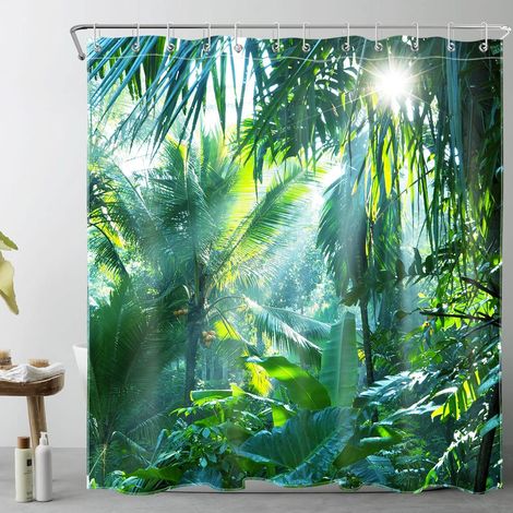 Rideau de Douche Anti Moisissure 180x200cm- Rideaux de Douche Tissu Imperméable Lavable pour Deco Salle de Bain, Jungle Forêt Vert (1/5)