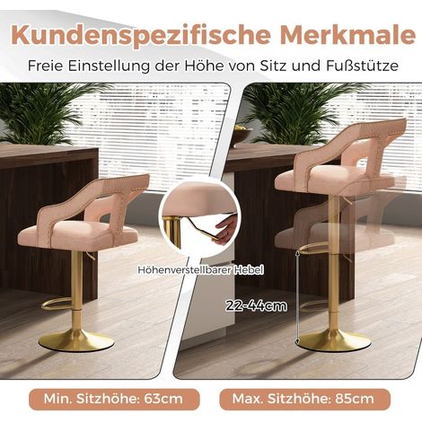 Verstellbare Barhocker aus Samt, Rosa, 2er-Set, 63-85 cm