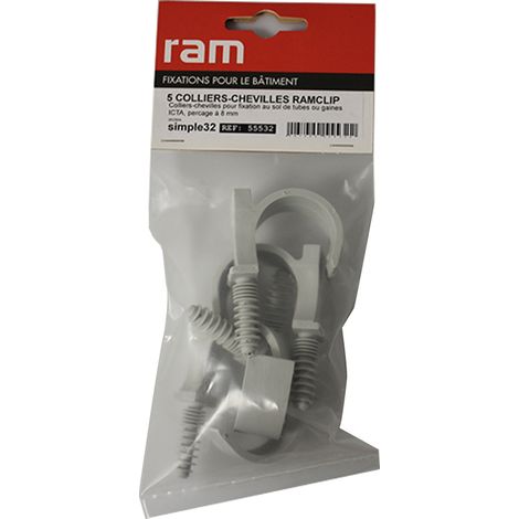 5 colliers chevilles RAMCLIP simple gris pour tube nu Ø32 et prégainé Ø20 - RAM (1/2)