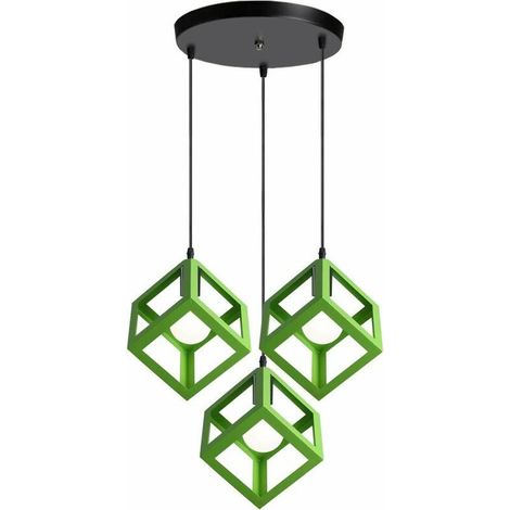 3 Lumières Lustre Suspension Vintage Style Geometrique Lampe de Suspension Luminaire en Forme de Cube Métal Plafonnier pour Chambre à Coucher, Salon, Salle à Manger, Cuisine - 16 CM, Vert BLOW (1/5)