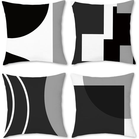 Fundas de cojín de 45 x 45 cm (juego de 4) – Estampado geométrico en negro, blanco y gris. (1/5)