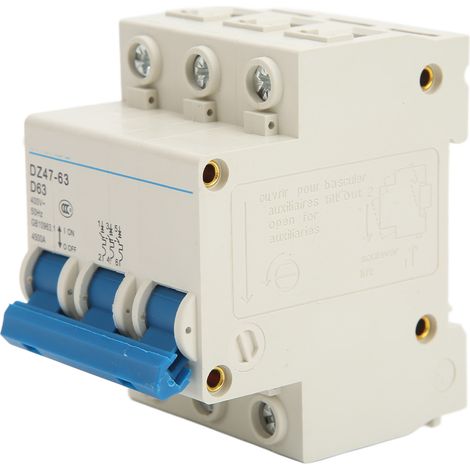 Disjoncteur tripolaire (MCB) pour montage sur rail DIN, pouvoir de coupure de 4500 A, 400 V, 63 A, pour usage domestique ou bureau. (1/5)