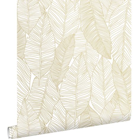 Papier peint intissé feuilles dessinées blanc et or – Dimensions 53cm x 10.05m – Raccord sauté – Facile à poser – Estahome (1/5)