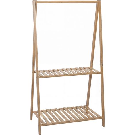 [JAMAIS UTILISÉ] Portemanteau sur pied en bambou HHG-367, portemanteau, porte-vêtements, étagère à chaussures, tringle et 2 tablettes, 130 x 70 x 44 cm, naturel