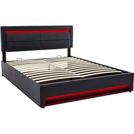Cama tapizada 140 x 200 cm con USB, LED y almacenaje, negra, PU, sin colchón (1/5)