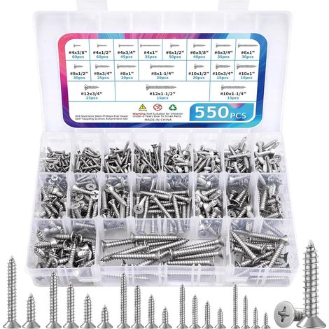 Kit d'assortiment de vis en bois en acier inoxydable 304 550Pcs, Phillips Flat Head Sheet Metal Screw Self Tapping Screws Set, vis assorties en bois, longueur 1/4 "à 1-1/2", tête plate