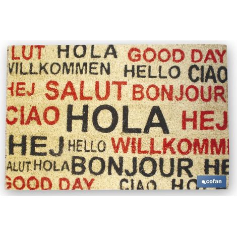 Bemalte Innenfußmatte aus Kokosnussholz, 40 x 60 x 1,50 cm (Hello Languages)