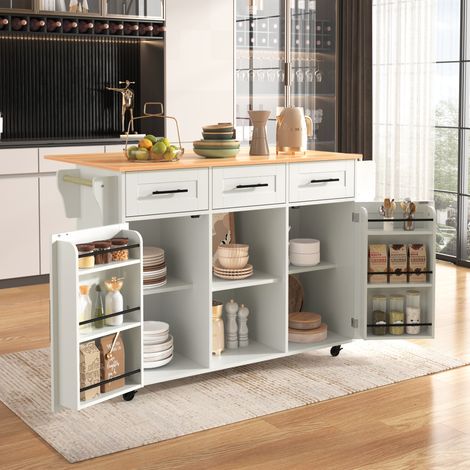 Table roulante de service blanc 139x46(71)x91,5 cm, buffet avec plateau imitation bois massif rabattable, porte de rangement, roulettes, pieds interchangeables en bois massif, pour cuisine et salle à 