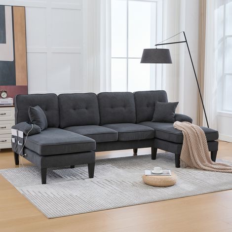 Sofá 4 plazas en forma de U y dos espaciosos sillones reclinables, tapizados en suave lino en color gris oscuro (1/5)