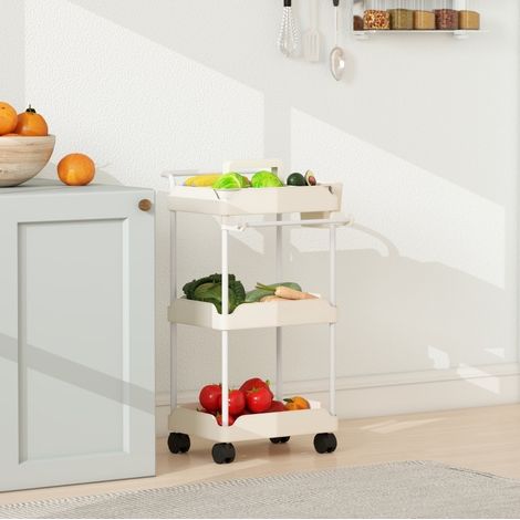 Carrello contenitore a 3 cestelli con barra portaasciugamani e ruote, bianco DESVIAE (1/5)