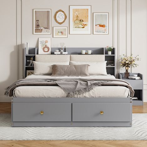 Lit combiné en bois massif 140200cm, tête de lit avec compartiment de rangement intégré, avec tiroirs, avec table de chevet, avec grande armoire de rangement, avec banquette, lit double avec rangement (1/5)