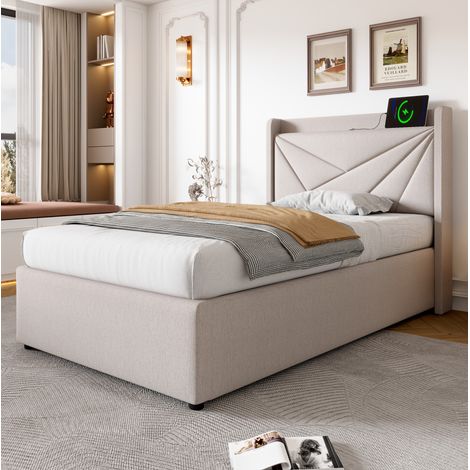 MEUBLIV Lit simple coffre de rangement tête de lit géométrique avec USB et USB C revêtement lin coton beige 90 x 200 cm avec sommier à lattes (1/5)