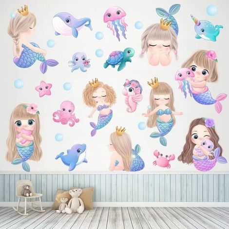 Sticker mural sirène pour chambre de filles, grands stickers muraux sirène pour chambre d'enfant, avec décoration murale de salle de bain tortue et méduse, peler et coller (1/5)