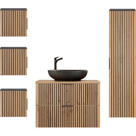 Conjunto de muebles con lavabo individual 80 cm columna y 3 armarios de pared Gaia Madera y Negro - Lavabo Negro (1/4)