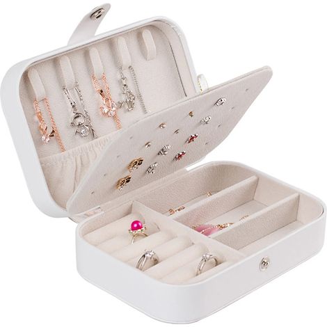 Boîte à bijoux de voyage blanche, 1 pièce, en similicuir, doublure en velours, séparateurs amovibles. (1/5)