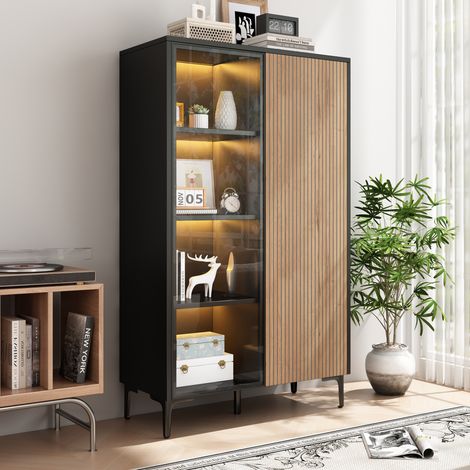 Vitrine moderne vintage 90, vitrine à 2 portes (dont 1 vitrée), MDF, buffet sur pied, contraste de bois noir, salon, chambre, couloir, salle à manger, 90 × 40 × 135 cm (1/5)