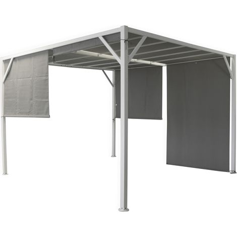 Pavillon-Pergola 3x3 m aus weiß lackiertem Metall mit beigen Seitenvorhängen - Tiglio