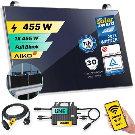 ROBINSUN®️ Kit Solar Enchufable Performance Balcony 455Wp, 1 panel Aiko 455Wp + 1 Microinversor 800W con Wifi incluído +Cable 3m +1 Fijación SolarHook (1/5)