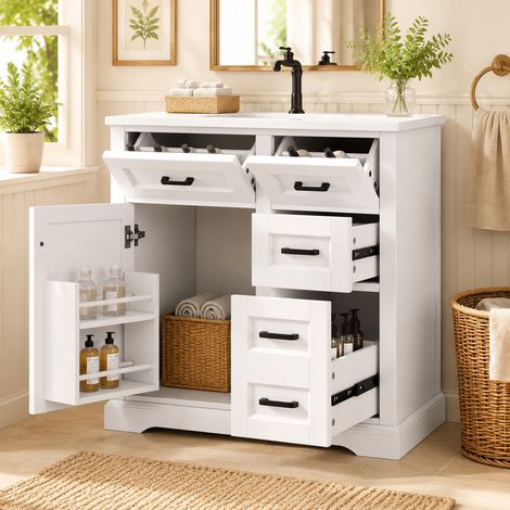Meuble-lavabo suspendu 76x47x82 cm, finition laquée blanche, portes à fermeture douce, tiroir coulissant à 2 niveaux, vasque céramique intégrée, étagère intérieure, design moderne. (1/5)