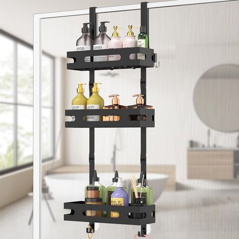 1 Duschablage/Shampoohalter – Kein Bohren erforderlich – 3 Ebenen mit 6 Haken – Für Bad und Küche – Schwarz – 78 cm (1/5)