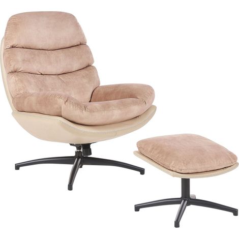 Fauteuil avec Repose-Pieds en Velours Pouf Ottoman Base Unique Pivotant Beige Eide