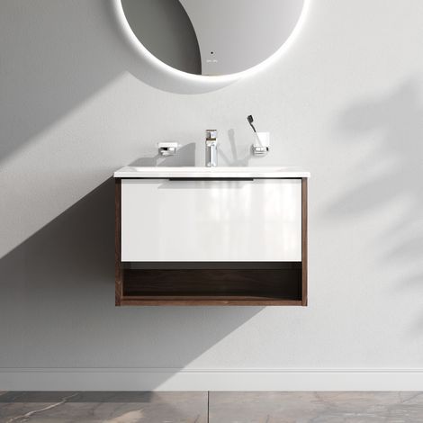 AM.PM Meuble de Salle de Bain avec lavabo suspendu Meuble Sous Vasque Blanc Brilliant avec 1 tiroir ouvert niche 60 cm