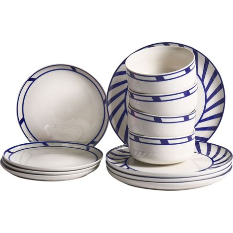 Service de Table 12 Pièces en Porcelaine Finition Émaillée Bordure Décorative 4 Personnes Fait Main Salle à Manger Cuisine Blanche et Bleue Shiso