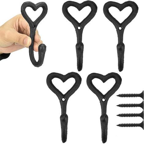 5 PCS Crochet Porte Manteau Mural en Métal 11.9cm x 5.6cm x 4.4cm Crochet Mural Vintage Antirouille Door Hooks En Forme de Coeur avec Vis pour Salle de Bain Cuisine Chambre Entrée - Noir (1/5)